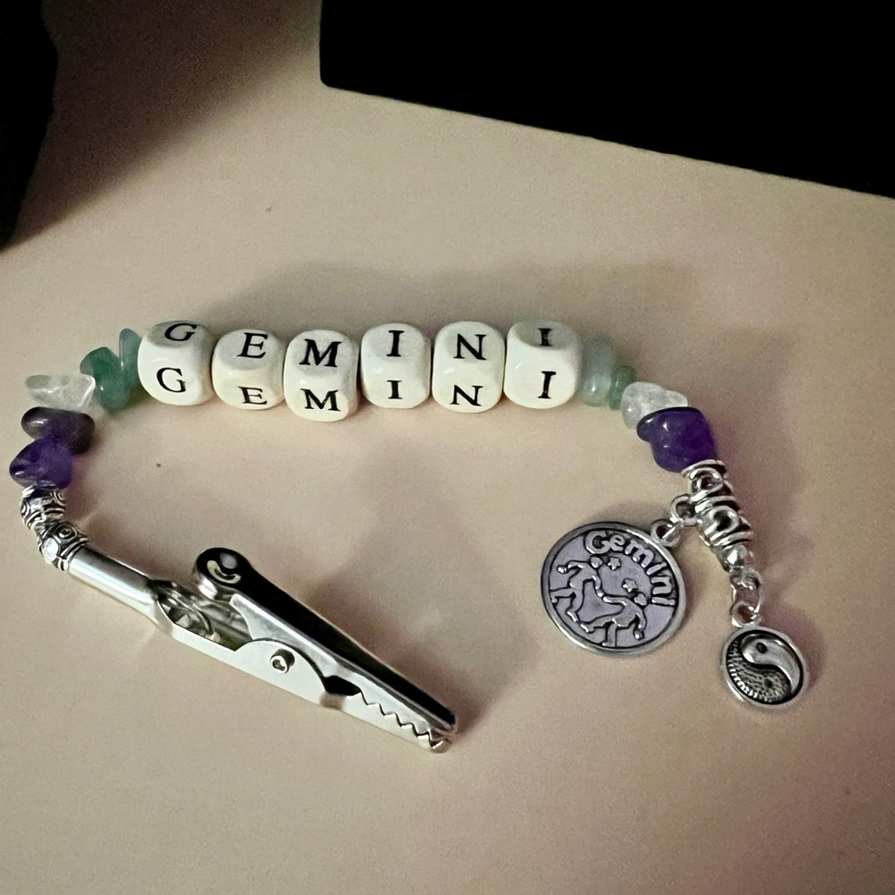 GEMINI Smoker’s Helper Roach Clip with Wooden Beads and Green & Purple Gemstones